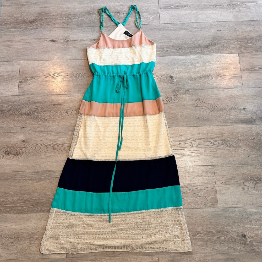 AKIRA CHICAGO Maxi Dress Size Small S Sleeveless Crochet‎ Trim Green Lace Cream